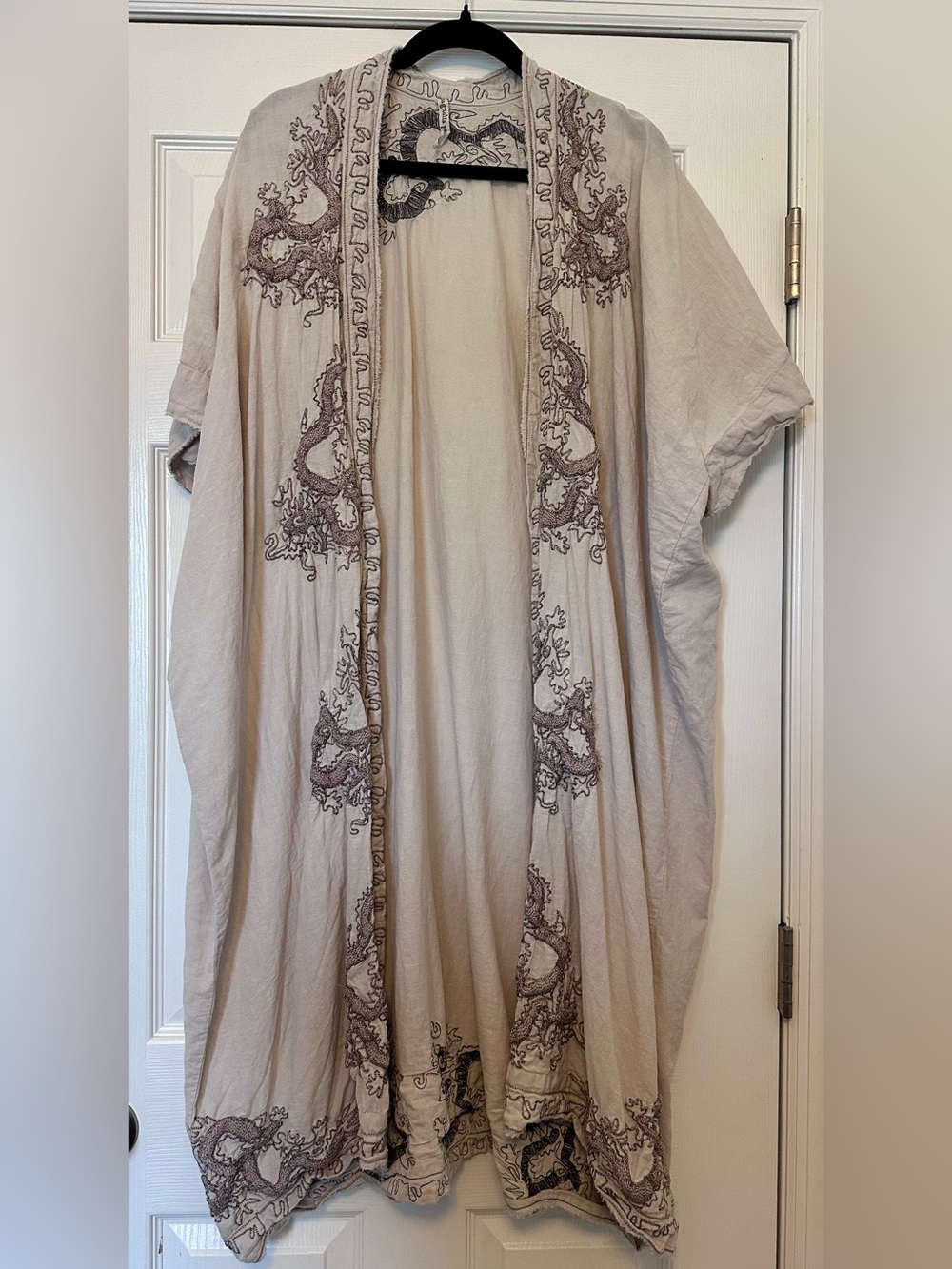 Magnolia Pearl Dashi Kimono with Dragon Embroidery - Free Size 100% Linen